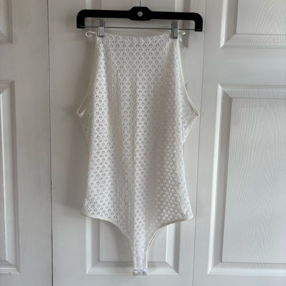 Attirance Knit Fishnet Y2K Lace Boat Neck Bodysuit White Open Back Festival Rave - Picture 1 of 10